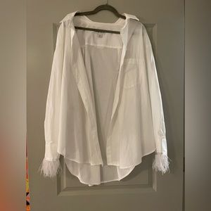 White Button Down w/ Added Feather Cuffs